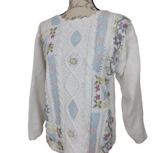 Erika | Vintage Hand Knit Cotton Floral Embroidered Crochet Sweater | Size L